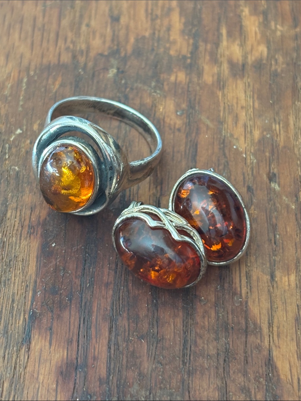 Vintage Valerio V8 Amber Ring & Earrings Set Poland 925 Sterling Silver